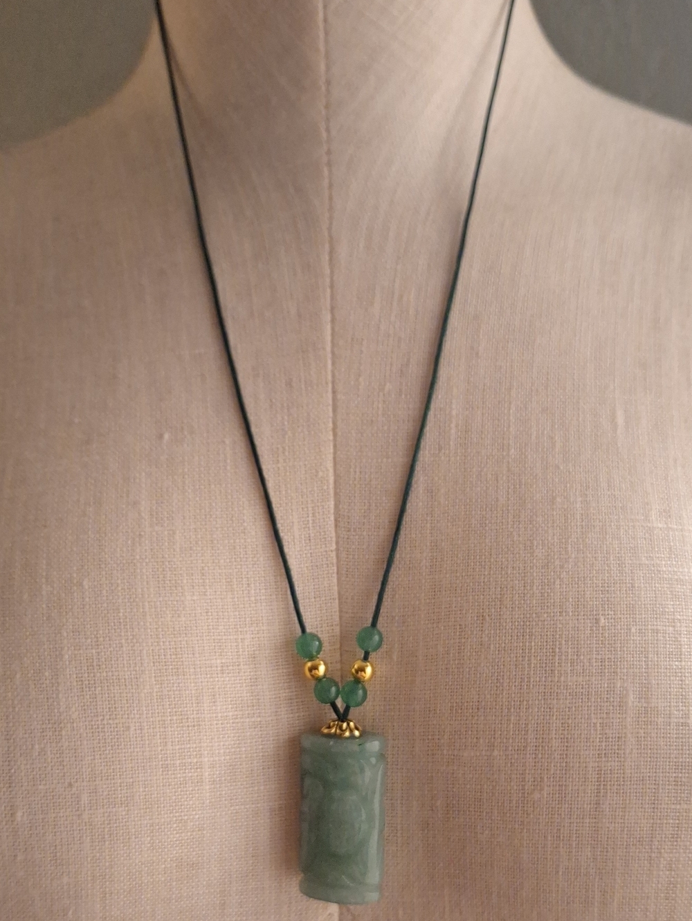 Green Jadite Pendant Necklace with Gold Accents On Satin Cord